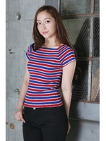 【AZUL by moussy】テレコ変則ボートネック半袖プルオーバー/柄RED