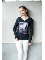 【AZUL by moussy】30/-TC天竺3DフォトVネックロンT/BLK