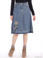 星掛フラワー刺繍デニムスカート(ミディアム)/ネイビー