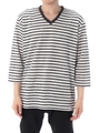 【AZUL by moussy】COMFORTワッフルボーダーVネック7分袖ビッグT/柄WHT