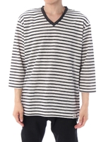 【AZUL by moussy】COMFORTワッフルボーダーVネック7分袖ビッグT/柄WHT