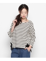 サイドリボン七分袖ボーダープルオーバー/チャコールグレー(314)