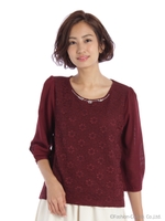 チェック地柄レースT7分袖 2/Sグレー