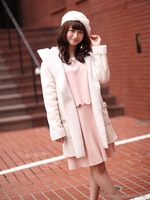 ムートンボアフードロングカーデ/ピンク