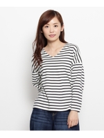 ダブルVネックボーダーポンチカットソー/ネイビー(393)