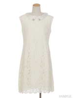 ビジューネック起毛レースワンピ/オフホワイト