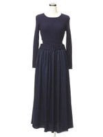 リブニット×サテンギャザースカートドッキングワンピース/グレー