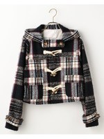 先染チェックショートダッフルコート/レッド