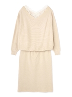 衿ぐりレース付ニットワンピース/ピンク(090)