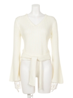 ウエストタイフレアースリーブニットP/O/ホワイト