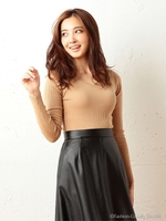 オープンネックリブトップス/ベージュ