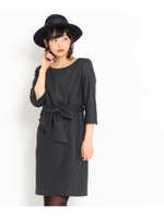 ウエストリボン付7分袖ワンピース/グリーン(022)