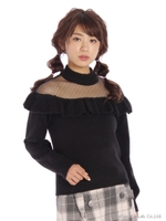 チュール切替フリルハイネックニット/ブラック