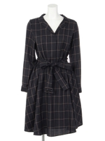 ベルト付開襟チェックシャツワンピース/ネイビー