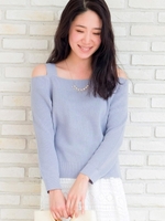 オフショルダー片畦ニットプルオーバー/ブルー