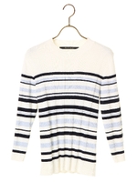 【綿100%】マルチボーダーリブニットプルオーバー/ピンク