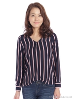 襟付きストライプブラウス/ネイビー