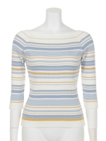 マルチボーダーリブスクエアネックPO/柄WHT