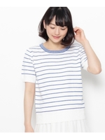 コットン混ボーダー半袖ニット/グリーン(022)