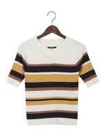 マルチボーダーVネック 5分袖/オフホワイト/マスタード