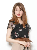 アザミ刺繍チュールブラウス/ブラック