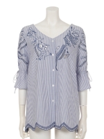 カットワーク刺繍ブラウス/ストライプ