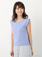 花刺繍スカラップニット/ブルー