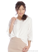 袖リボンストレッチブラウス/ネイビー