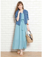 バックレースアップシャツブラウス(ライトブルー)/ライトブルー