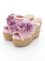 【R&E】籐ウェッジソールコサージュサンダル/ピンク