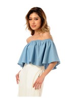 レーヨンデニムオフショルトップ/L/INDIGO