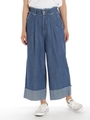 裾ターンバックデニムワイドパンツ/サックス