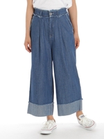 裾ターンバックデニムワイドパンツ/サックス