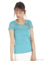 レースヨーク切替え半袖カットソー/ブルー