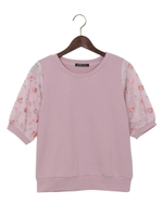 袖チュール刺繍/TOPS 半袖/オフホワイト/オフホワイト