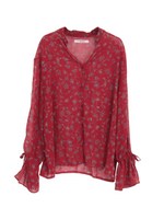 小花柄リボンスリーブシフォンブラウス/ネイビー