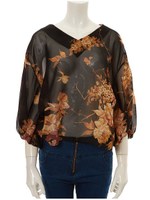 Vネックヴィンテージフラワーシフォンブラウス/ブラック