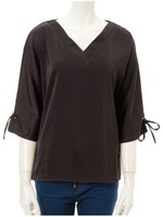 Vネックリボンスリーブサテンブラウス/ブラック