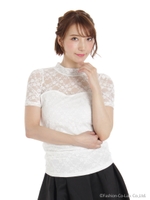 ハイネックレース半袖TOPS/ホワイト
