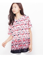 ジオメトリックキーネックカットソー/ワインレッド(163)