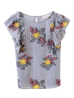 【ブラウス】花柄×ストライプ袖フリルブラウス/ブルー