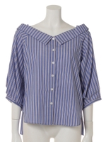 ストライプ前後2wayオフショル風ブラウス/ネイビー