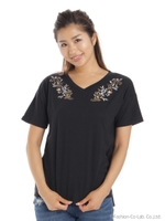 刺繍入りVネックTシャツ/クロ