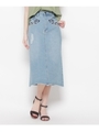 花刺繍ミモレ丈ダメージデニムスカート/ライトブルー(091)