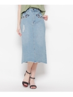 花刺繍ミモレ丈ダメージデニムスカート/ライトブルー(091)