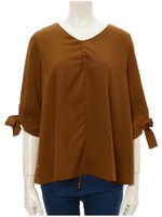 Vネックリボンスリーブトップス/モカ