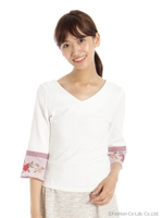 エンブロイダリーリブトップス/プラム×オフボーダー