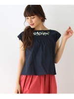 フラワー刺繍フレンチブラウス/ネイビー(093)