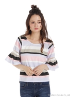 マルチストライプ袖フレアカットソー/サックス