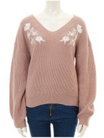 Vネックフラワー刺繍ニット/サックス